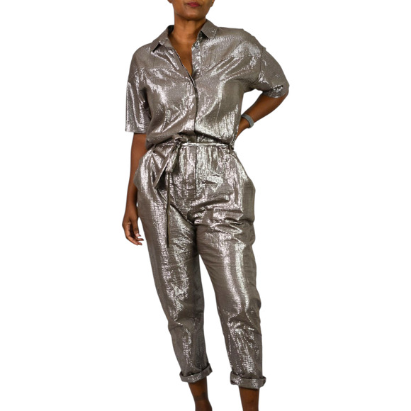 Xirena Theo Metallic Jumpsuit Brown Metallic Shimmer Cotton Lurex Belted Small - Picture 1 of 16